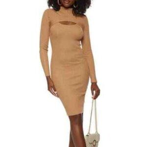 NWT House of Harlow 1960 Mock Neck Cut-Out Bodycon Sweater Dress. Tan. Size M